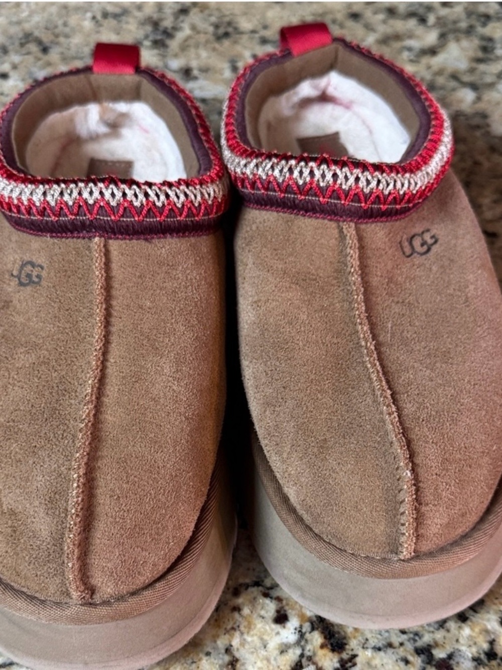 UGG Brown Suede Shearling Clog Mules with Red Trim